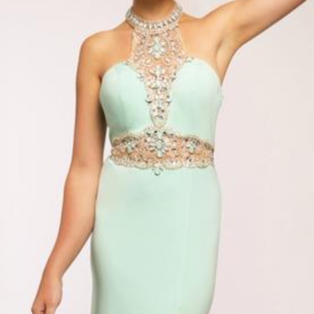 Jovani Turquoise Embellished Halter Mini Dress